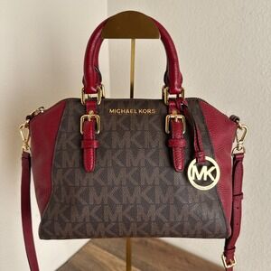 Michael Kors Ciara Medium Satchel Crossbody Bag Brown Cherry Monogram NWT